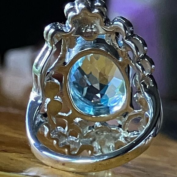Sky Blue Topaz Marcasite Sterling Silver Cocktail Ring Size 6 - Picture 5 of 9